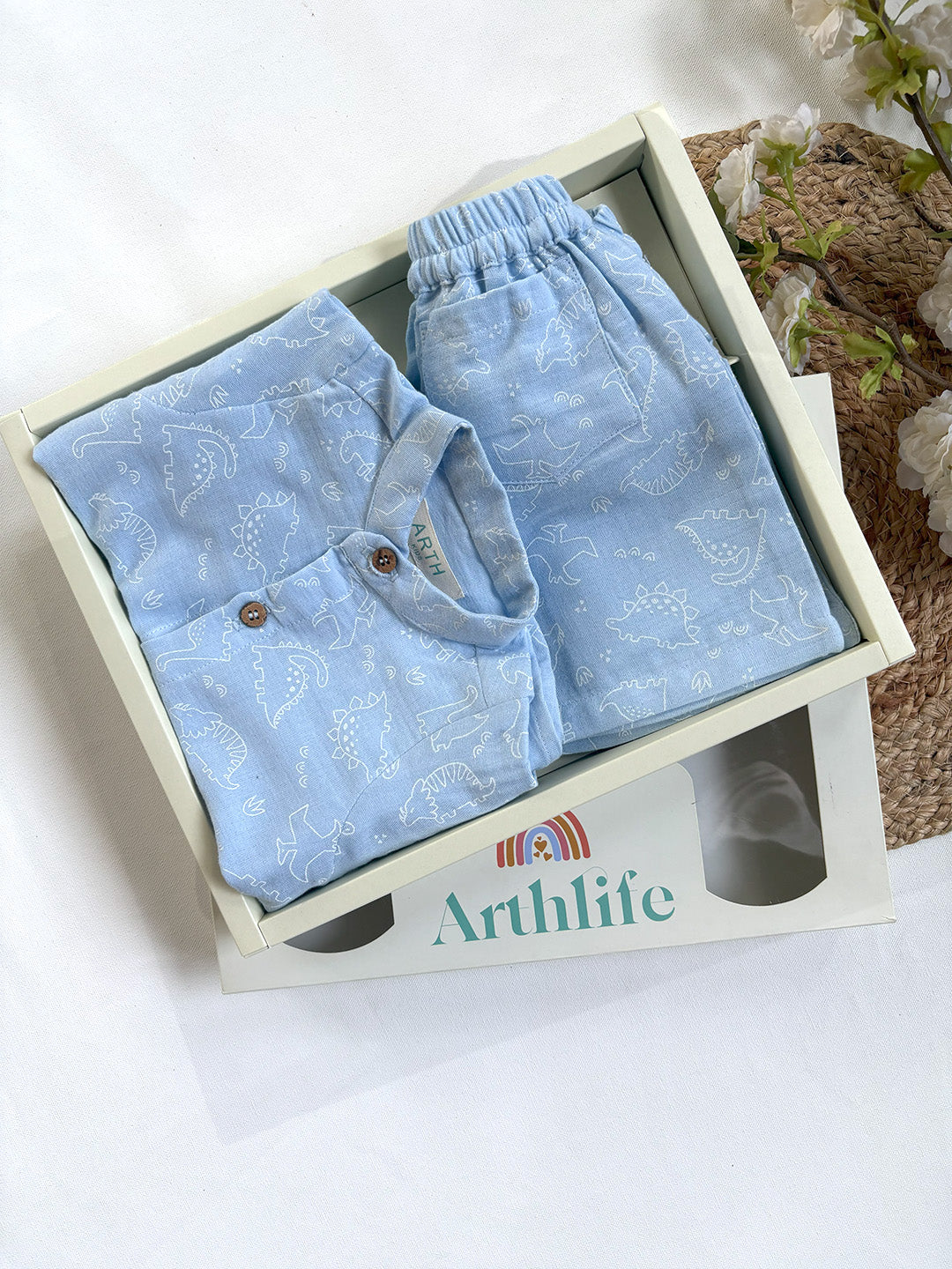 Light Blue Dino Printed Cotton Co-ord Set for Baby Boys