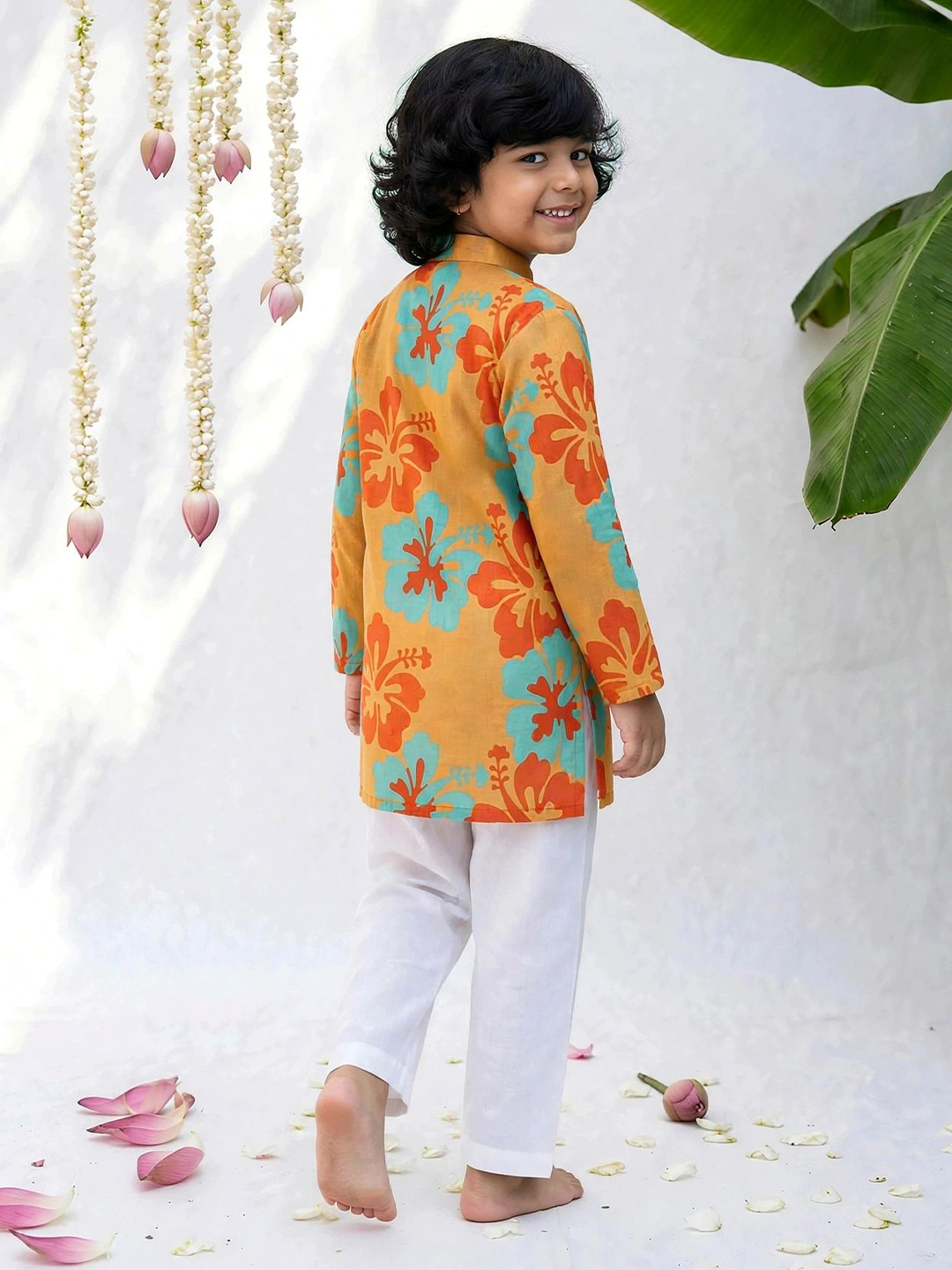 Orange Hibiscus Floral Kurta Pajama Set