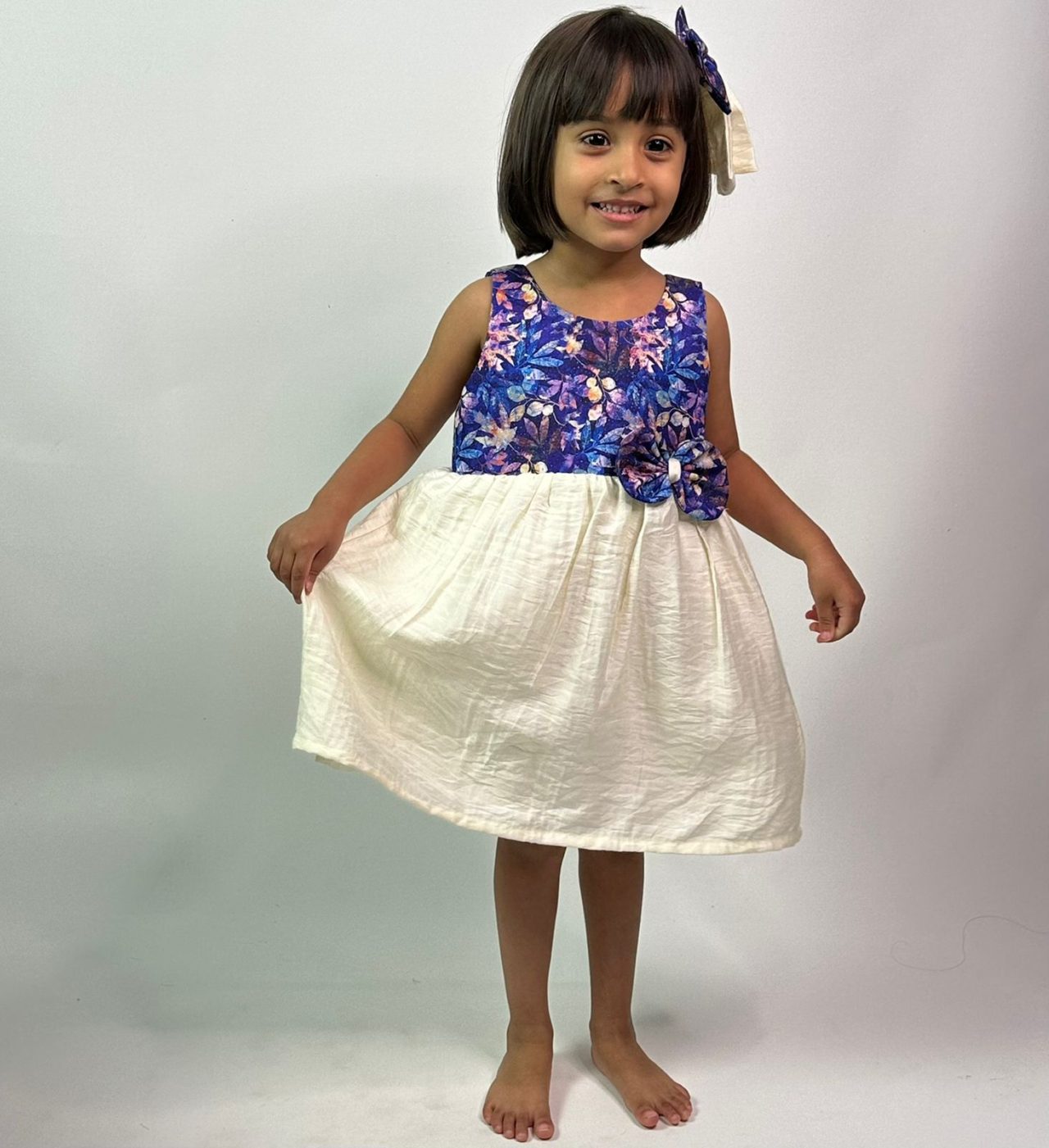 Off-white and Violet Leaf Printed Dress