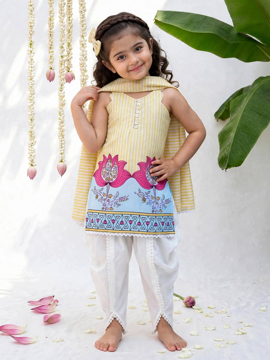 Yellow Kamal Printed Dhoti Set