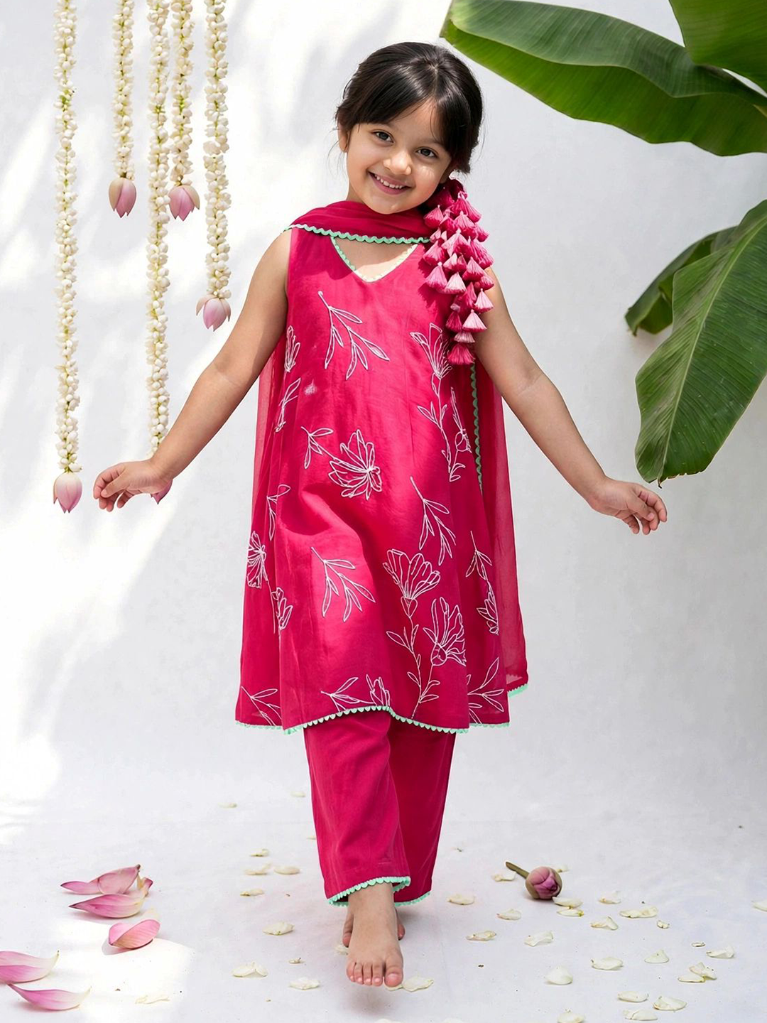 Magenta Pink Embroidered Tunic Set