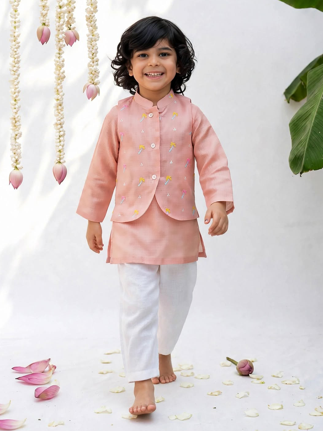 Peach Palm Tree Embroidered Kurta Jacket Pajama Set