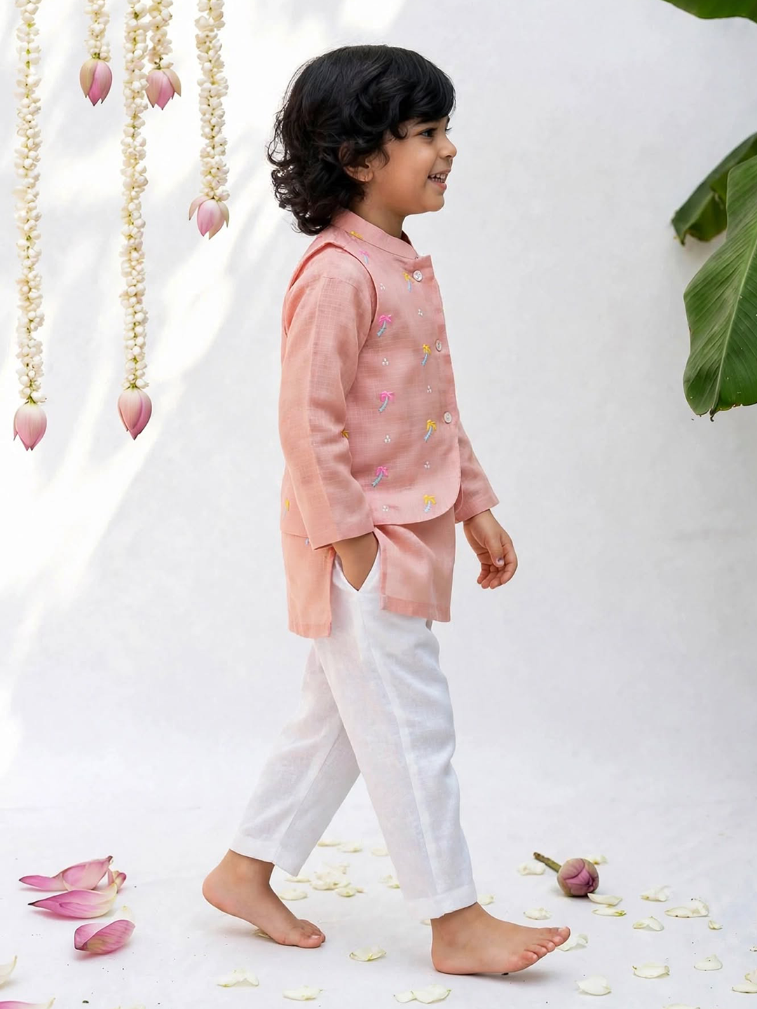 Peach Palm Tree Embroidered Kurta Jacket Pajama Set