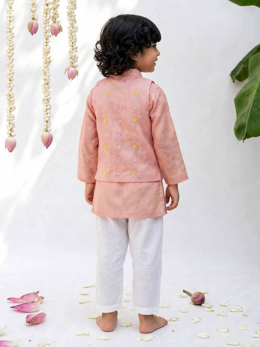 Peach Palm Tree Embroidered Kurta Jacket Pajama Set