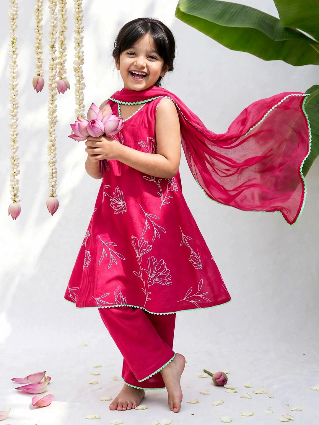 Magenta Pink Embroidered Tunic Set