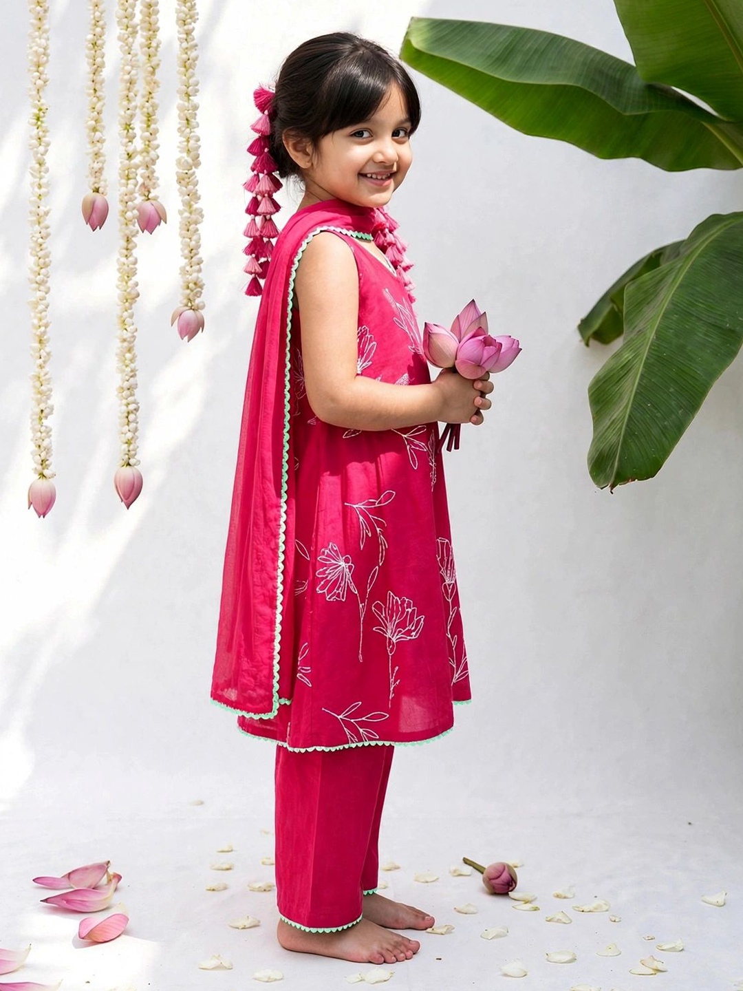 Magenta Pink Embroidered Tunic Set