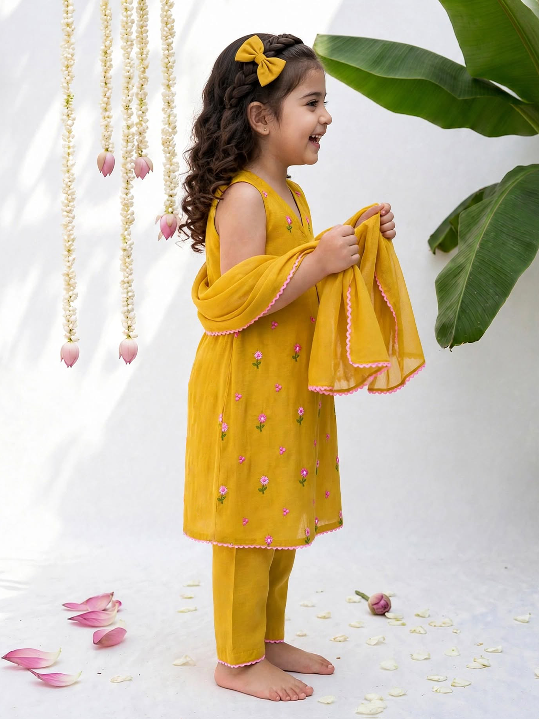 Mustard Phool Embroidered Tunic Set