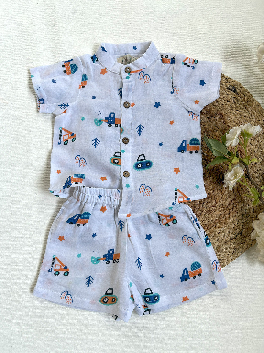 Adorable Vehicle Printed Cotton Co-ord Set for Baby Boys