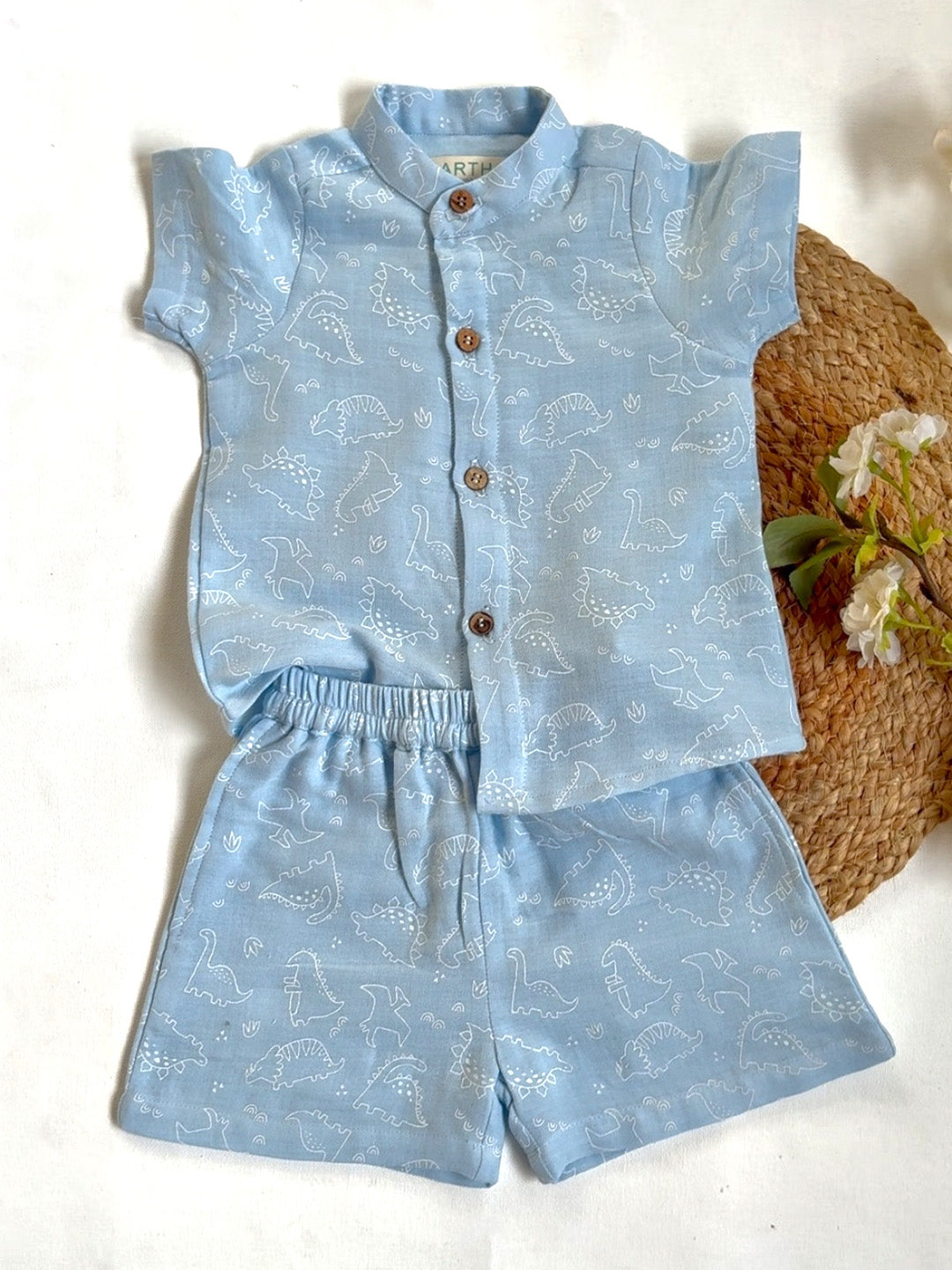 Light Blue Dino Printed Cotton Co-ord Set for Baby Boys