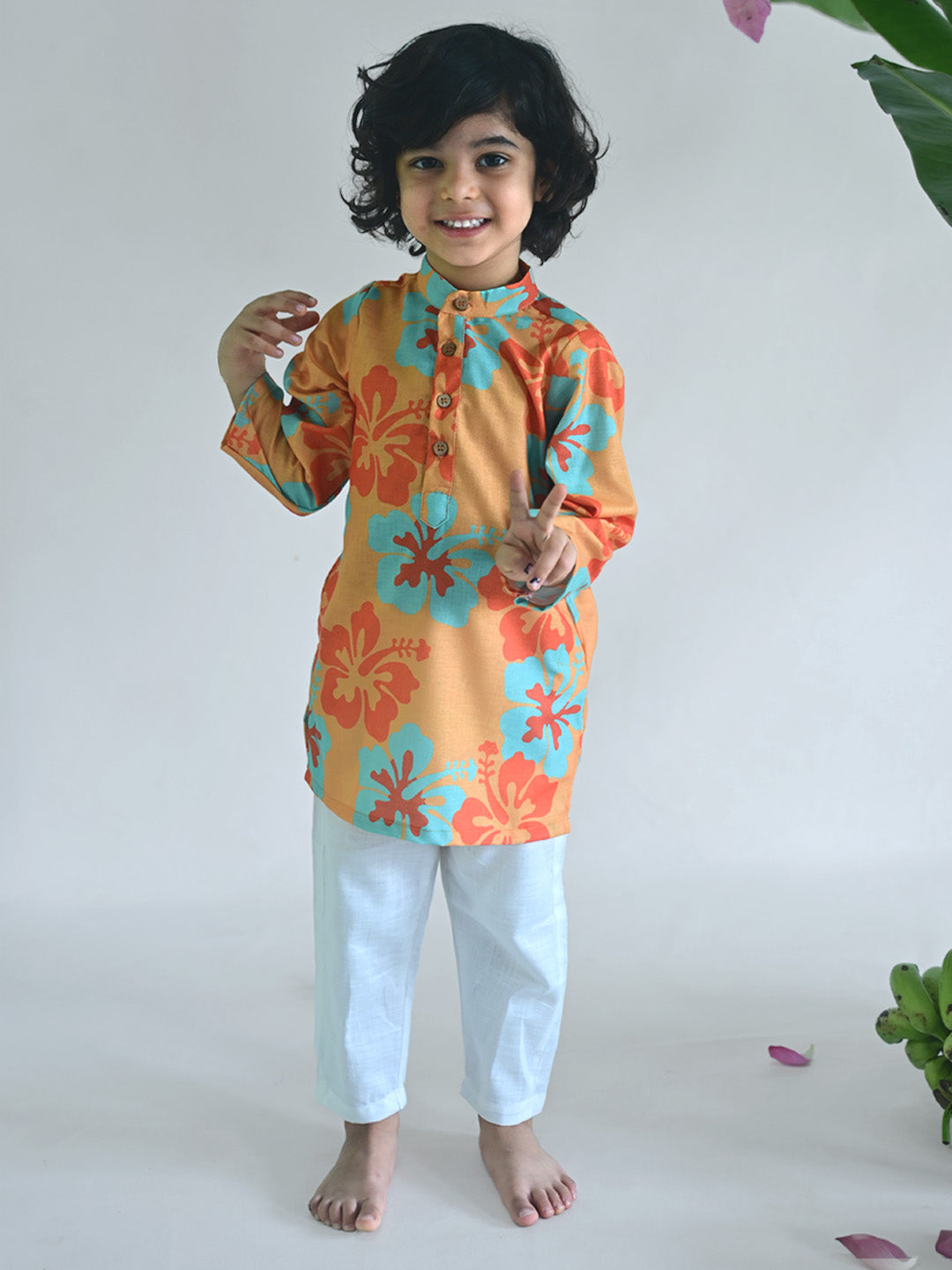 Orange Hibiscus Floral Kurta Pajama Set