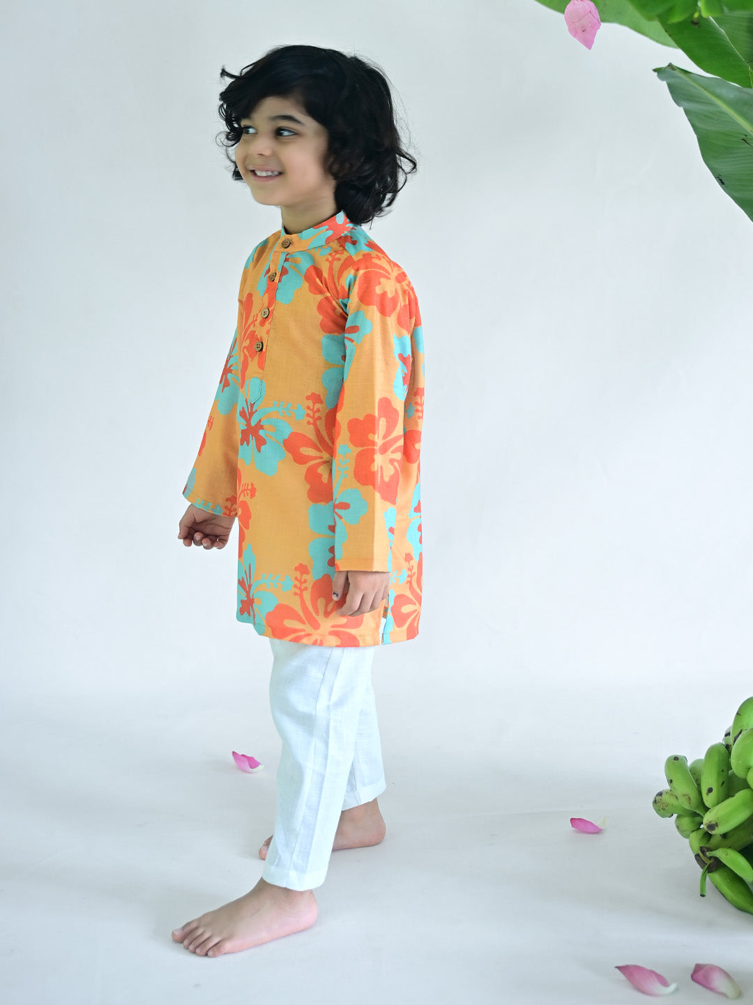 Orange Hibiscus Floral Kurta Pajama Set