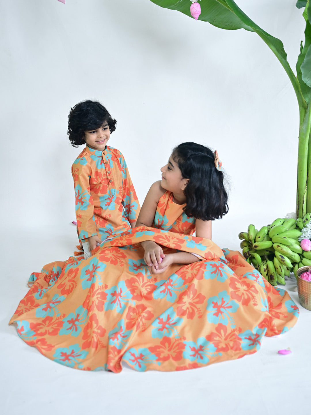 Orange Hibiscus Floral Kurta Pajama Set