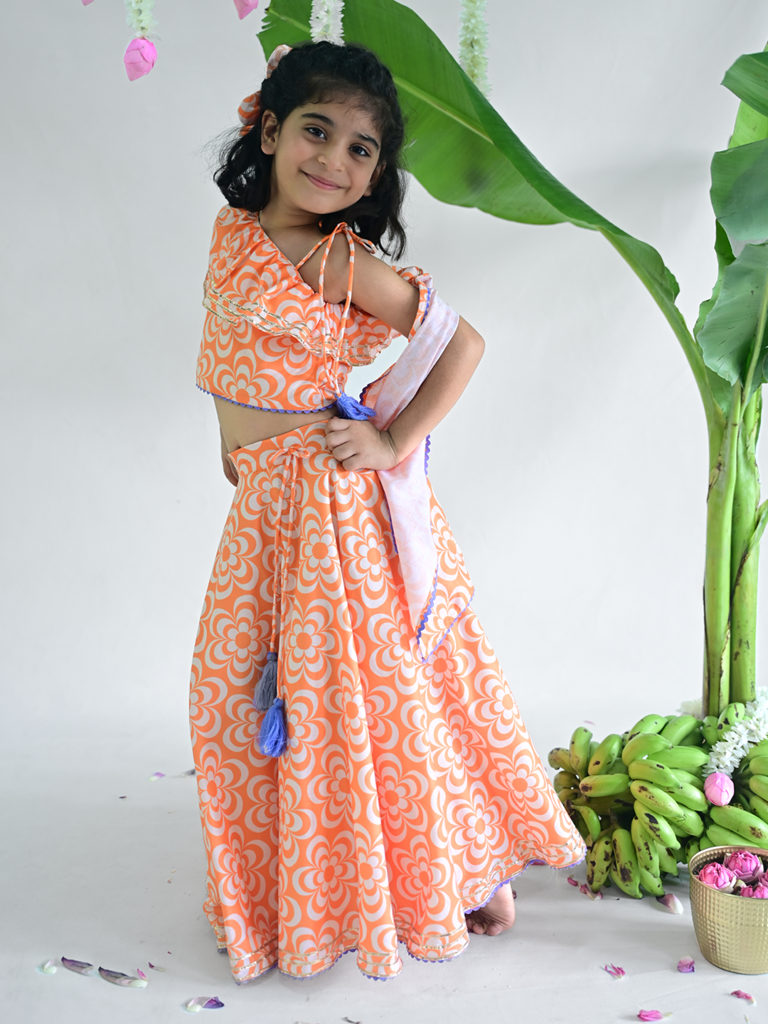 Bloom Girls Orange Festive Lehenga Set