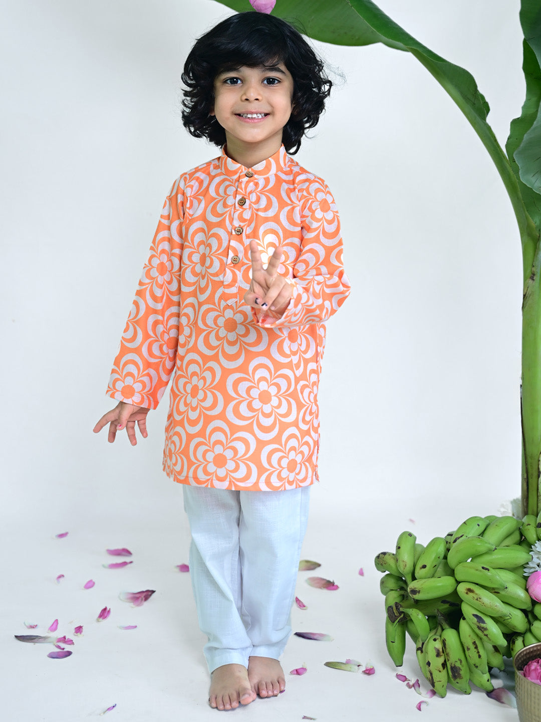 Orange Floral Printed Kurta Pajama Set