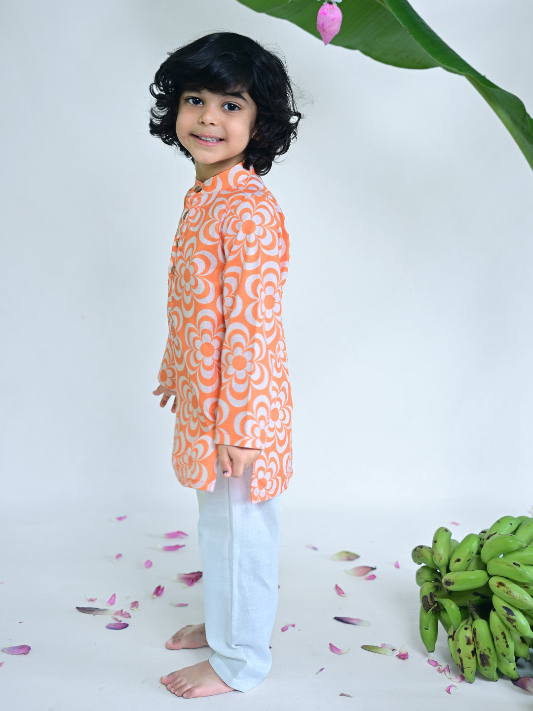 Orange Floral Printed Kurta Pajama Set