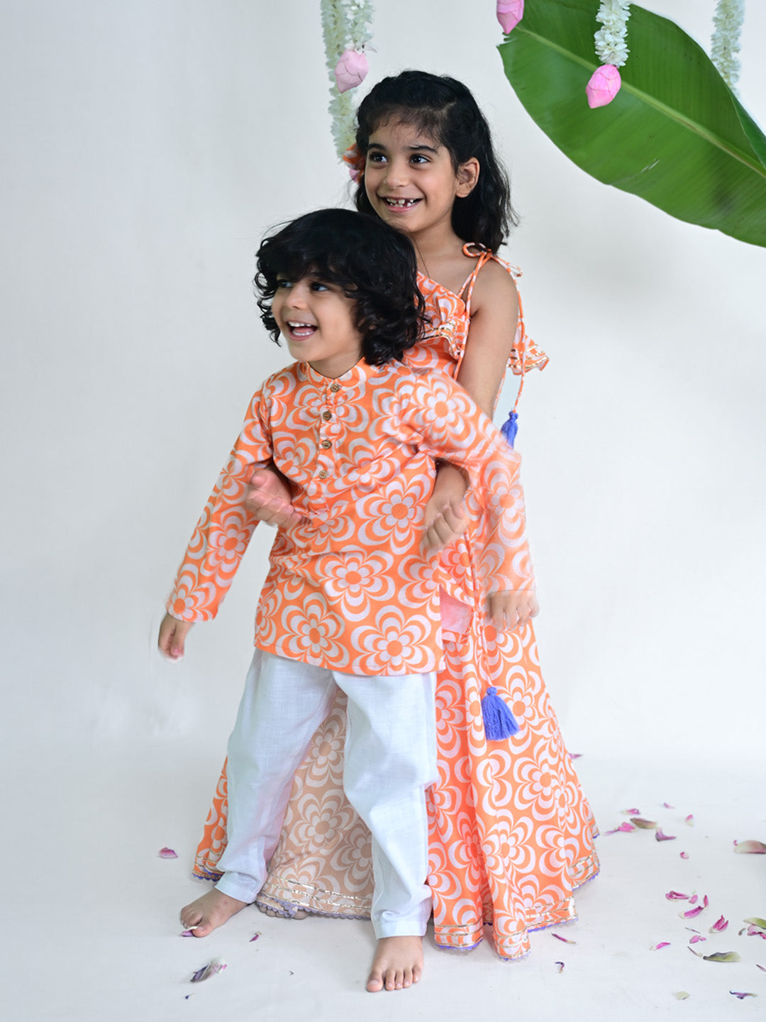 Orange Floral Printed Kurta Pajama Set