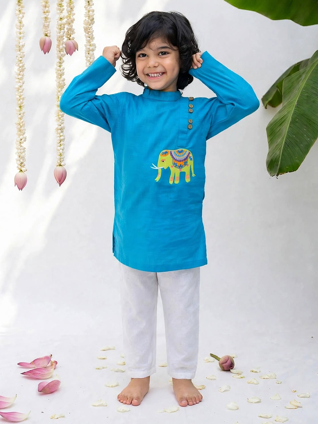 Blue Elephant Embroidered Kurta Pajama Set