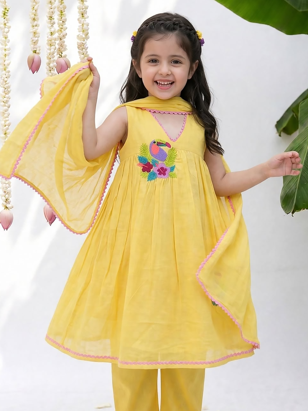 Sunny Yellow Dress with a Pretty Bird and Flowers