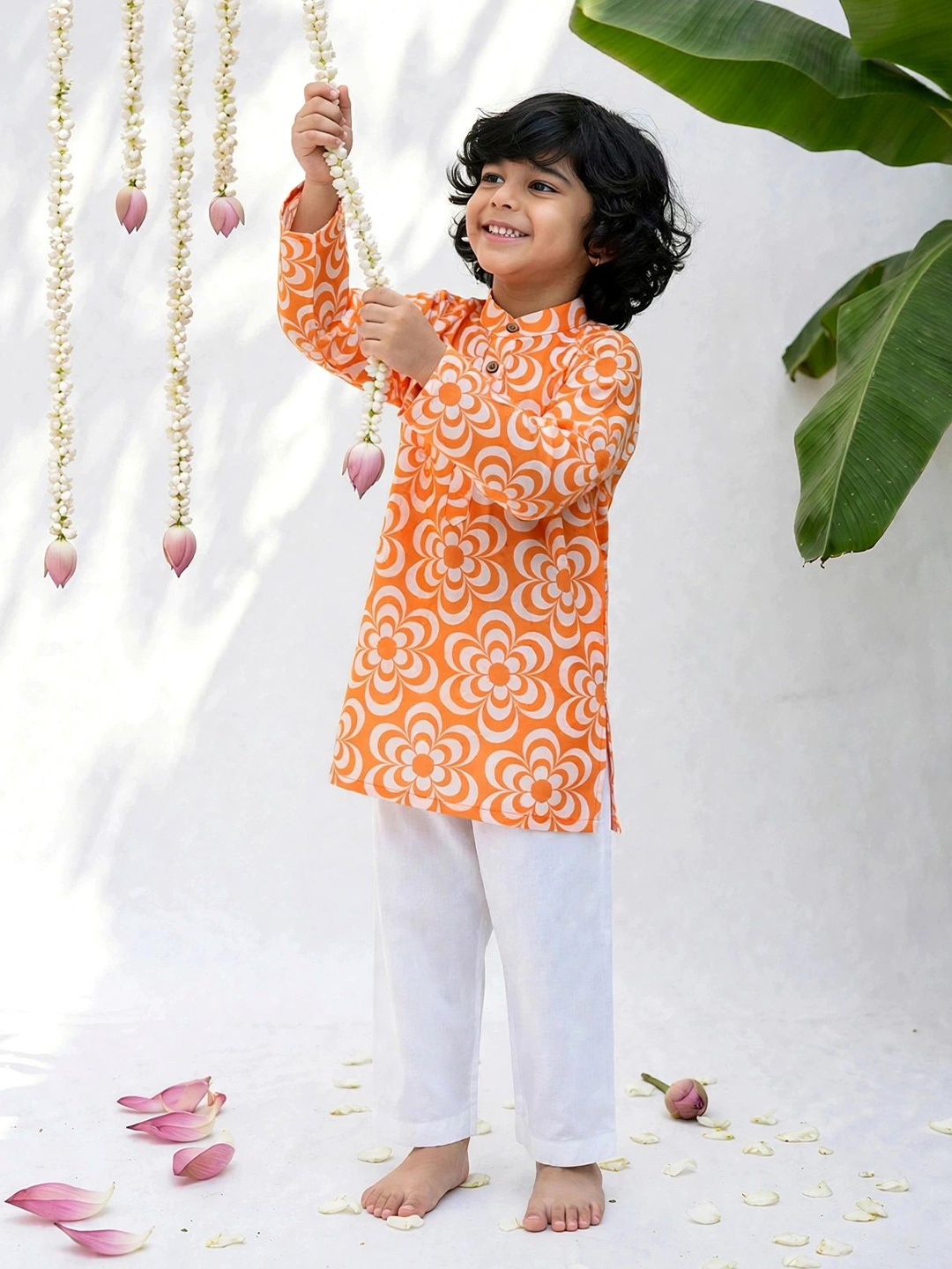 Orange Floral Printed Kurta Pajama Set