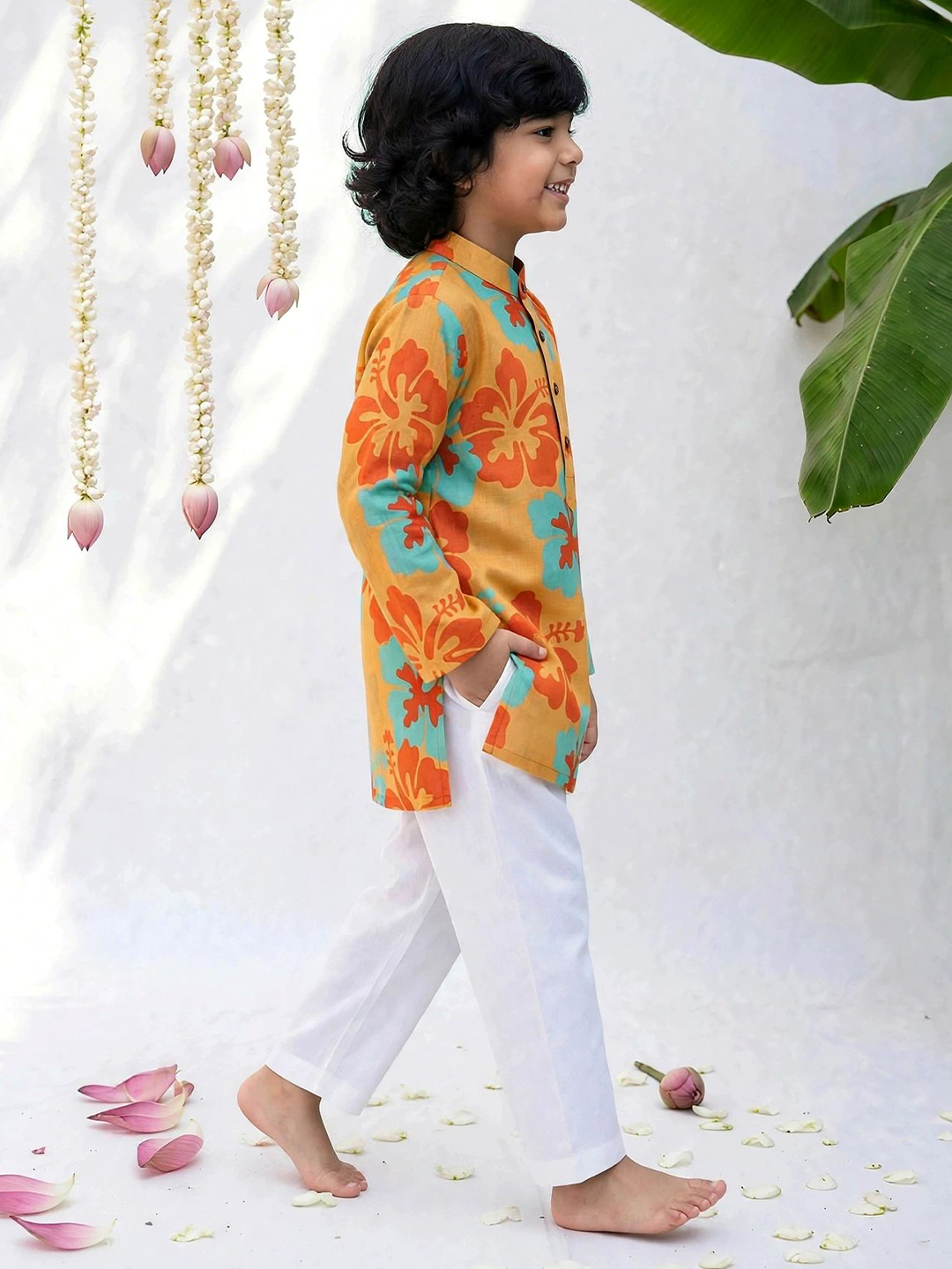 Orange Hibiscus Floral Kurta Pajama Set