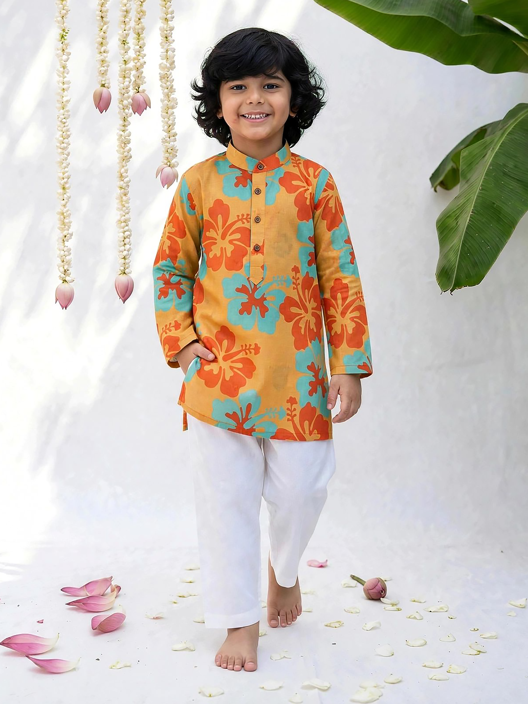 Orange Hibiscus Floral Kurta Pajama Set