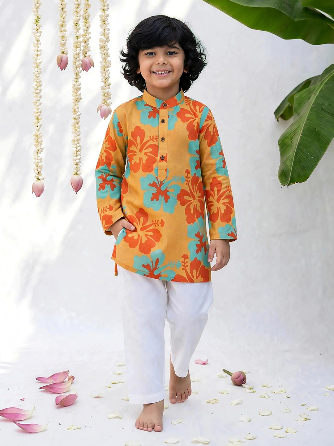 Orange Hibiscus Floral Kurta Pajama Set