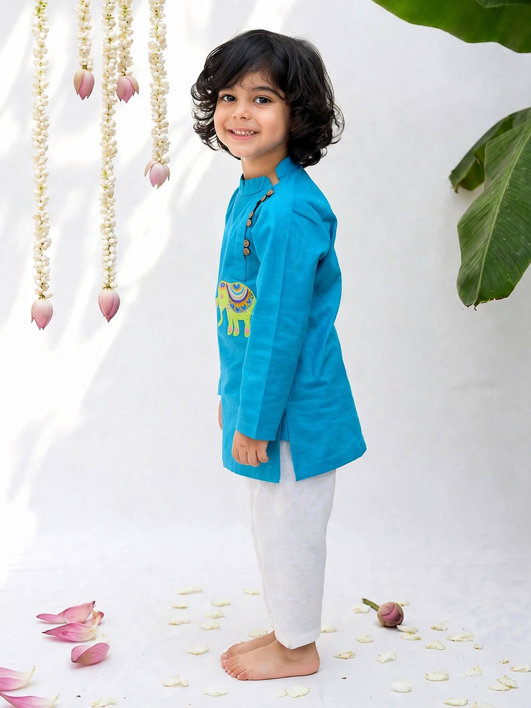 Blue Elephant Embroidered Kurta Pajama Set