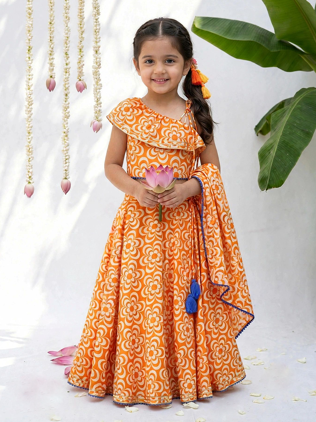 Bloom Girls Orange Festive Lehenga Set