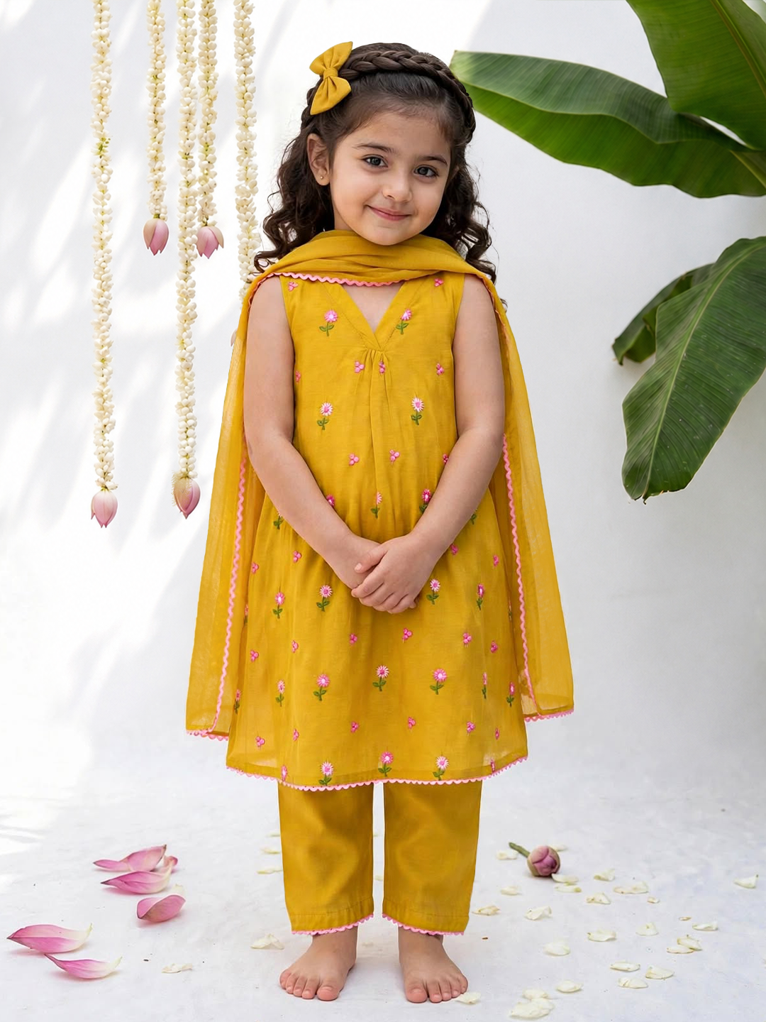Mustard Phool Embroidered Tunic Set