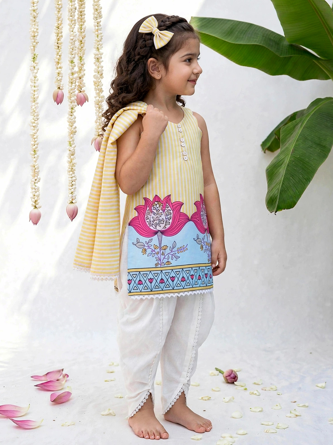 Yellow Kamal Printed Dhoti Set